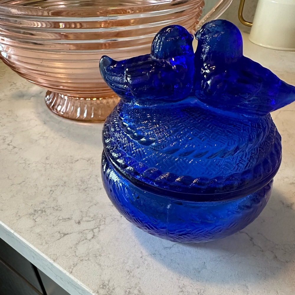 Vintage colbalt blue glass candy dish kissing birds